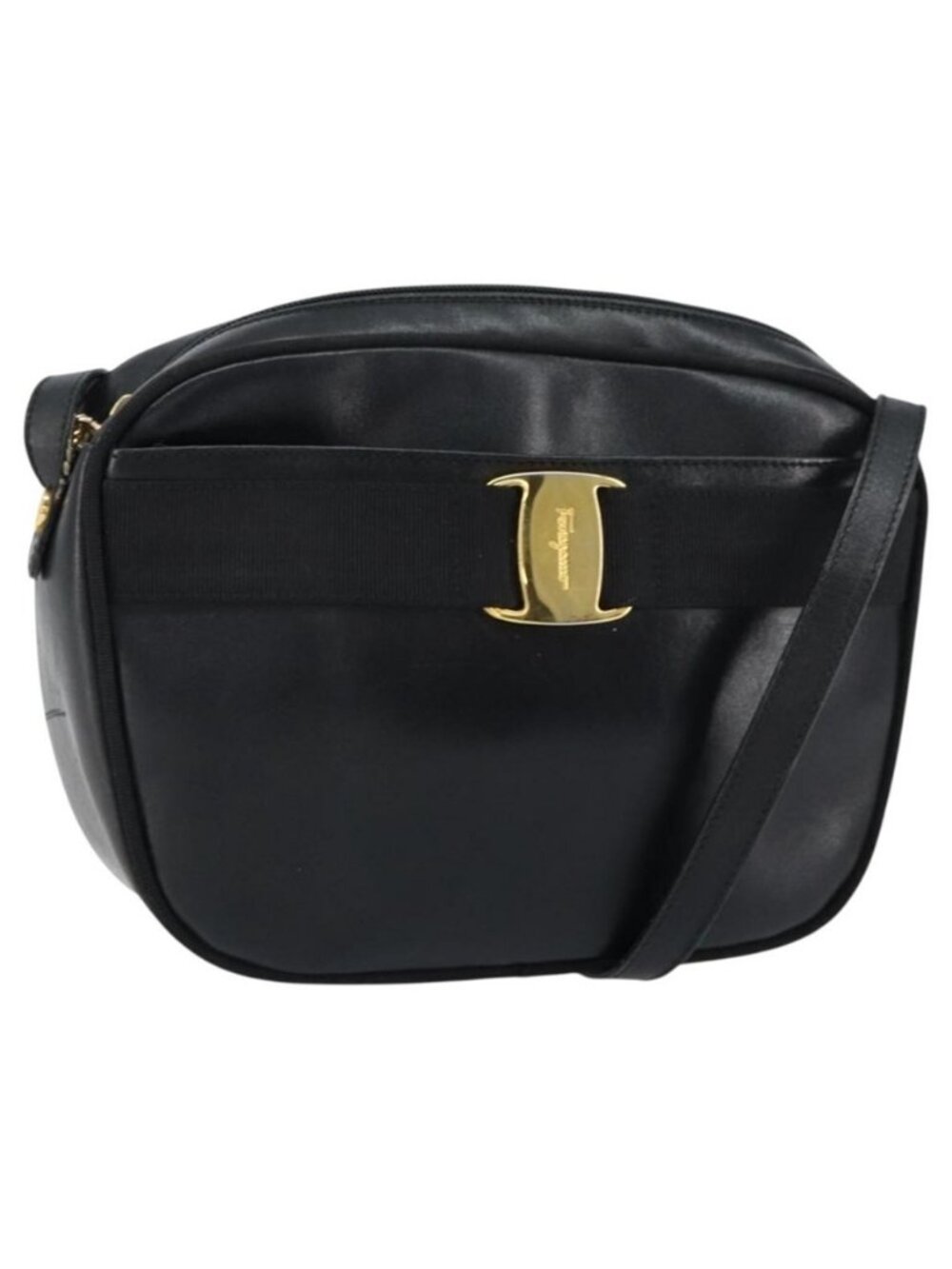 Authentic Salvatore Ferragamo Vala Shoulder Bag Leather Black Gold